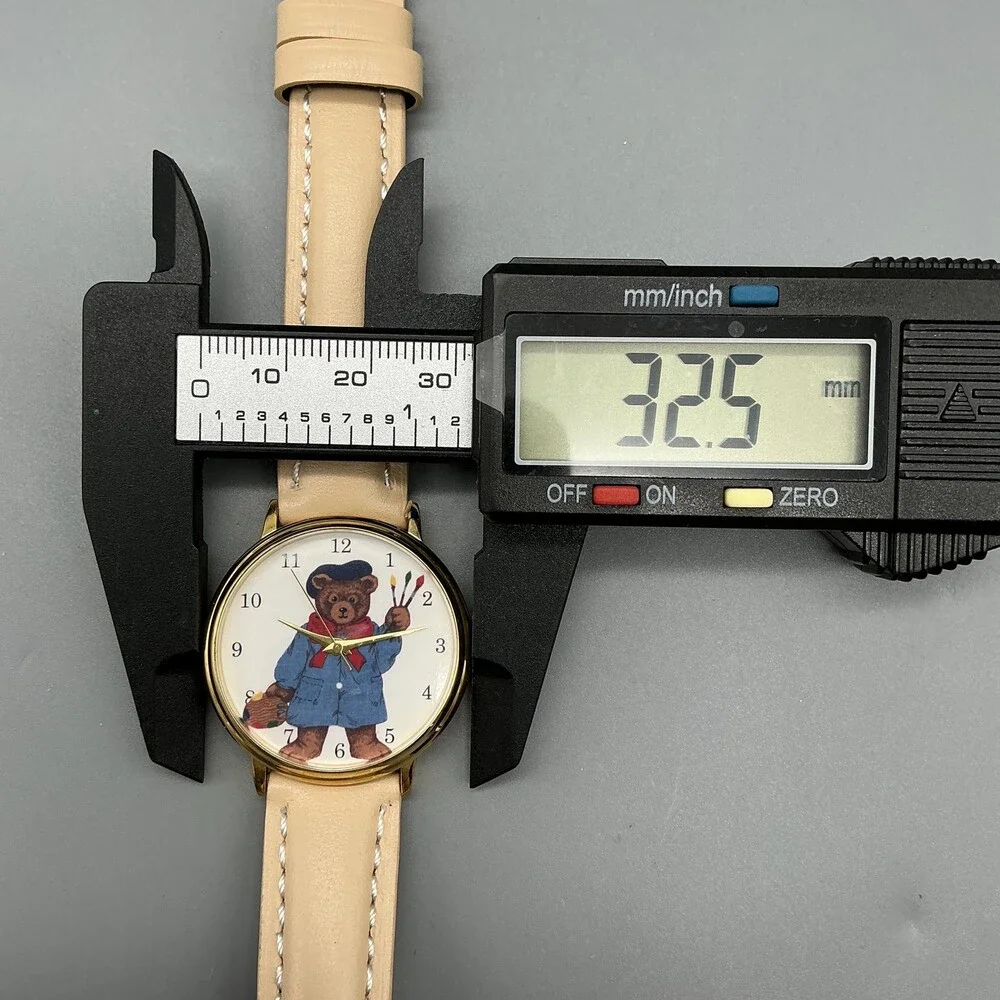 Womens Watch 33mm Brown Bear Dial Gold Tone Beige Leather Strap New Battery